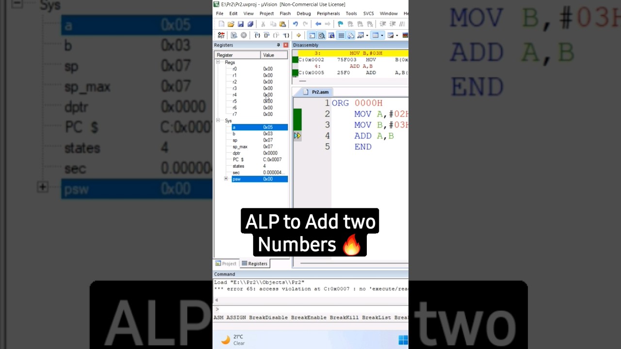 ALP to add two  Numbers | Assembly Language Programming | 8051 Microcontroller Programming
