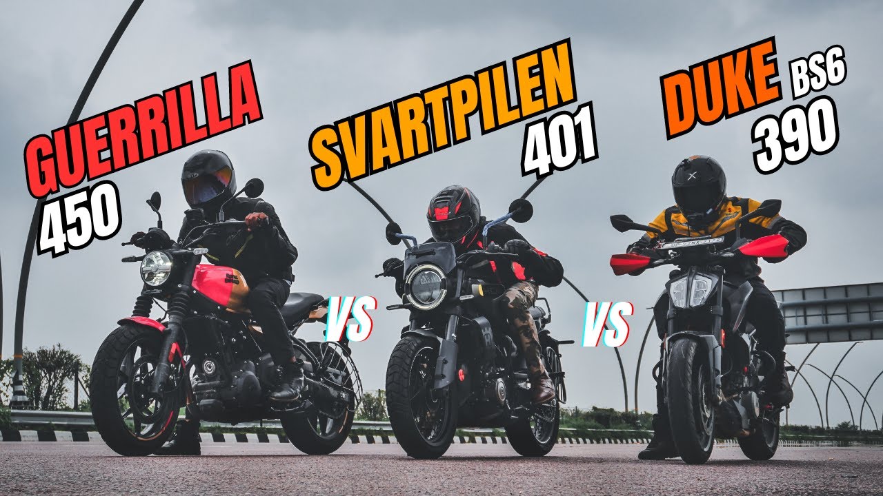 Ktm Duke 390 bs6 vs Royal enfield Guerrilla 450 vs Husqvarna svartpilen 401 Tripple battle