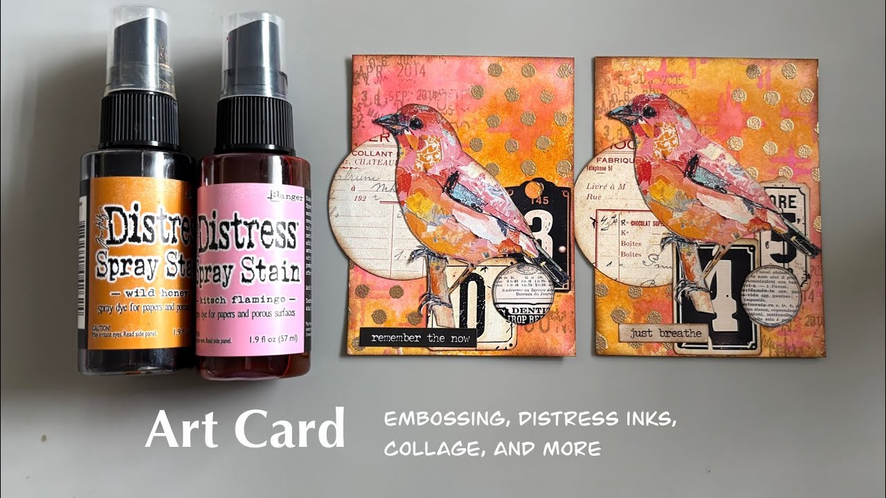 Mixed media art cards using embossing, distress sprays, stamping, and collage.