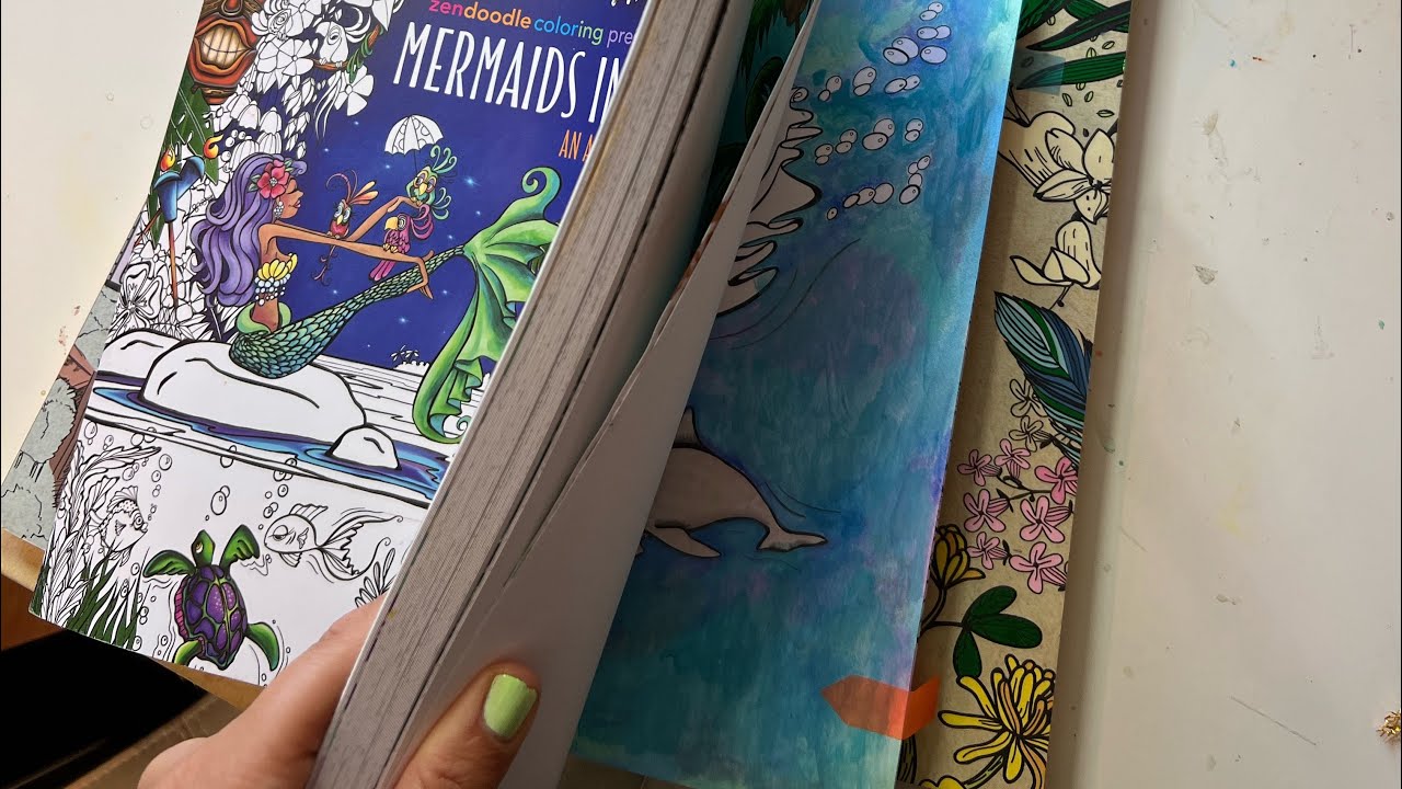 Mixed media background process in “Mermaids in Paradise”coloring book