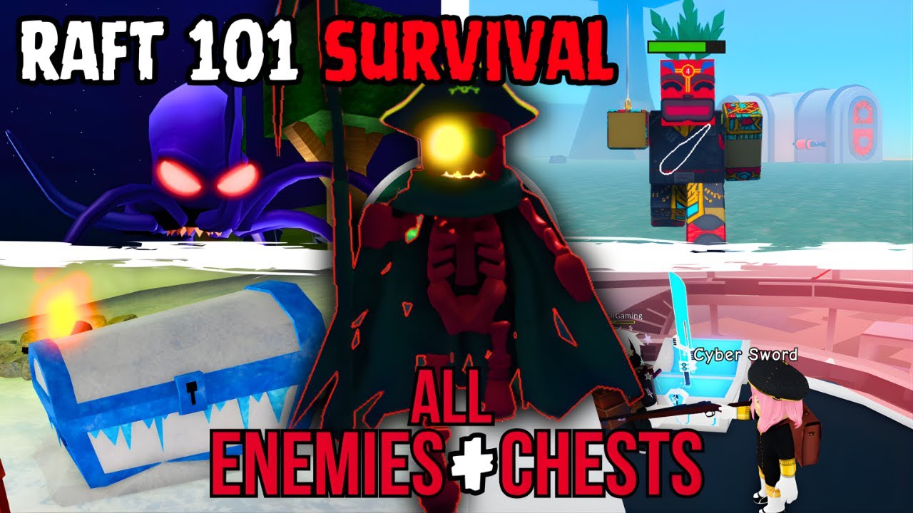 Raft 101 Survival🐙- All Enemies & Chests + Weapon Showcase - Roblox