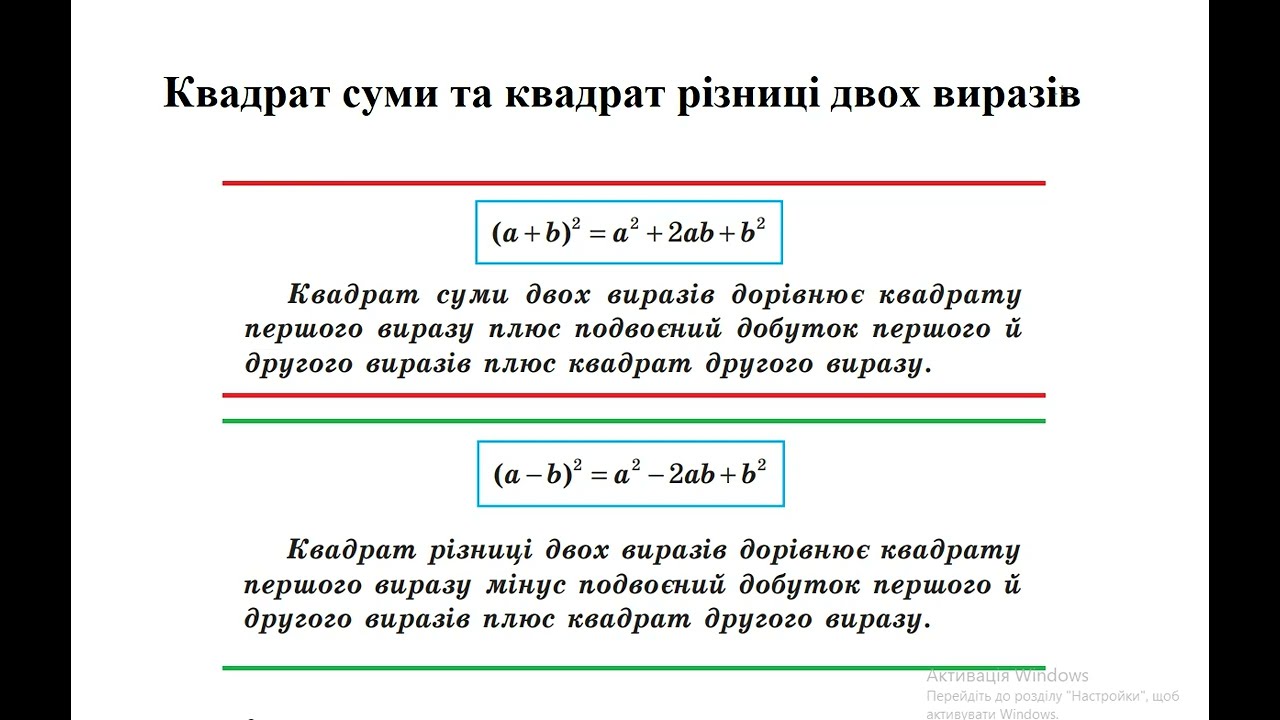 Квадрат суми і квадрат різниці двох виразів