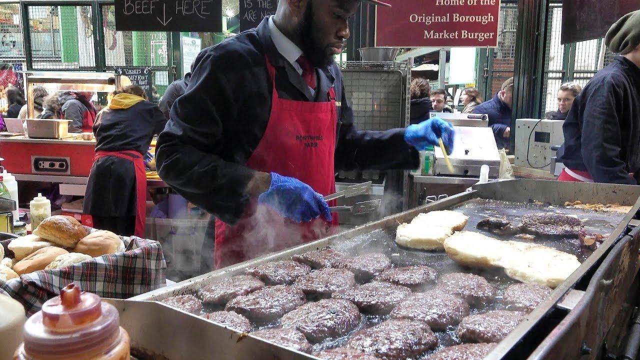 Massive Dose of Beef. Huge Burgers Cooked in Borough Market, London Street Food
