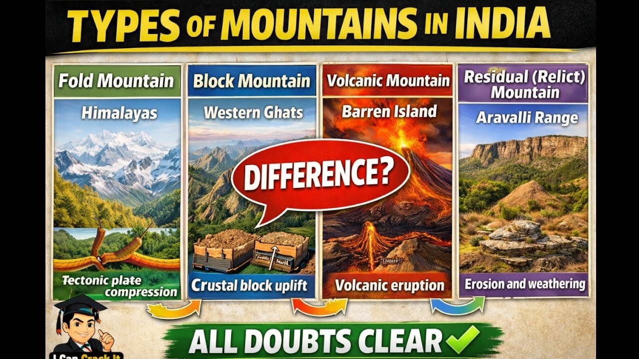 Imp: Types of Mountains in India with mcqs and full explanation//important for all exams #geography 