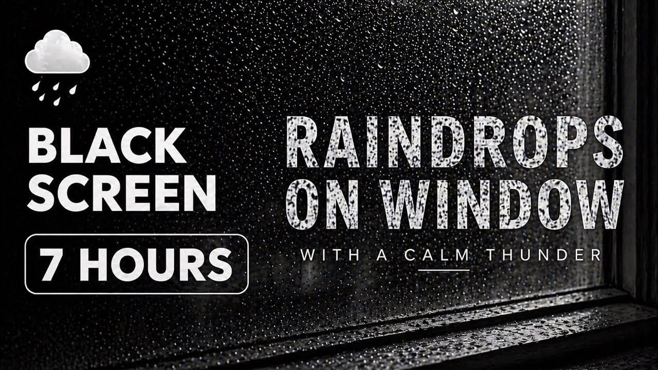 Raindrops on Window - with a Calm Thunder | 7 Hours Rain Ambience | Black Screen