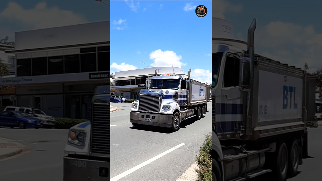 classic Toyota LandCruiser FJ45 pick-up, 1980s Ford F350, and a Freightliner Coronado tipper truck