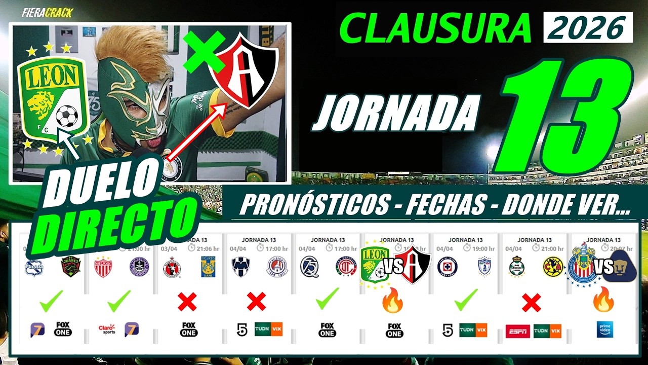 ✅ PRON&Oacute;STICOS - FECHAS - HORARIOS - DONDE VER ✅ JORNADA 13 LIGA MX CLAUSURA 2026 ✅ MIS PREDICCIONES