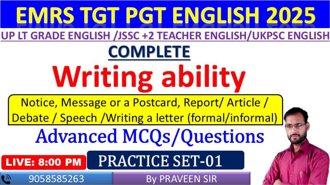 Writing Ability MCQs Practice Set-01 | EMRS TGT ENGLISH PGT |JSSC +2 Teacher Applied English | HPSC