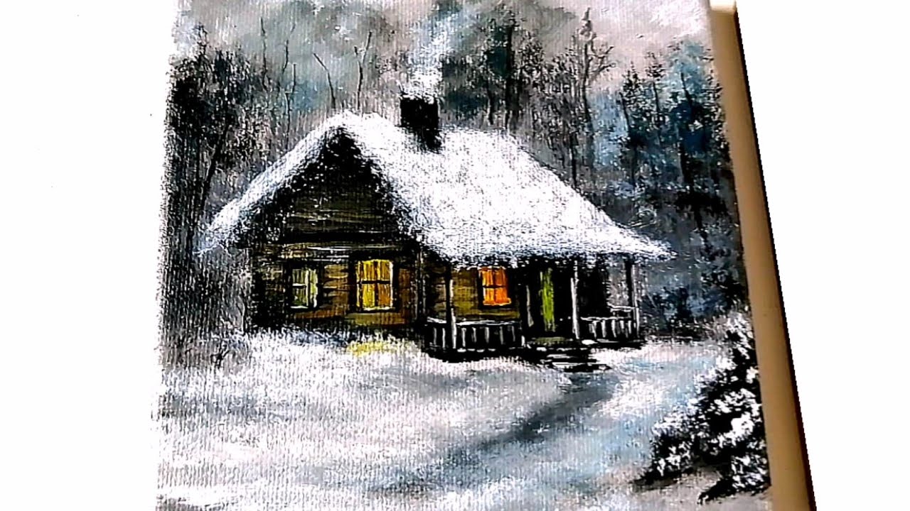 Acrylic Painting of Cozy Log Cabin in Snowy Landscape Forest #beginners #drawing #diy #winter