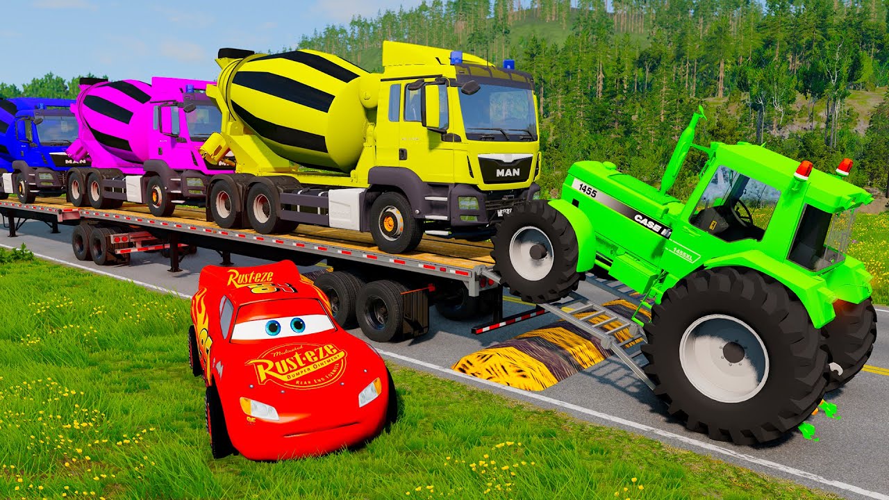 TRANSPORTING PIXAR CARS & FRUITS WITH COLORED & JOHN DEERE vs CLAAS vs TRACTORS - BeamNG.drive #983