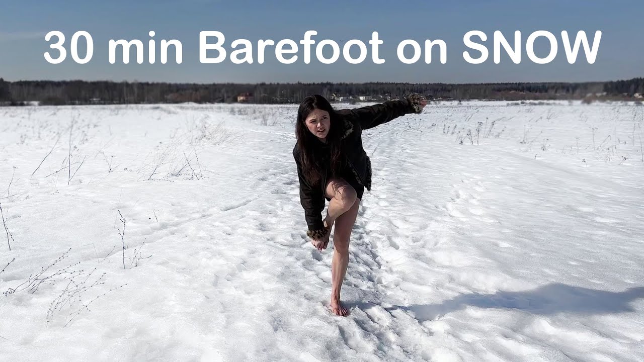 Alena Walking Barefoot on SNOW, Barefoot on Snow, Feet on Snow, Snow Feet, Frozen Feet (# 1395)