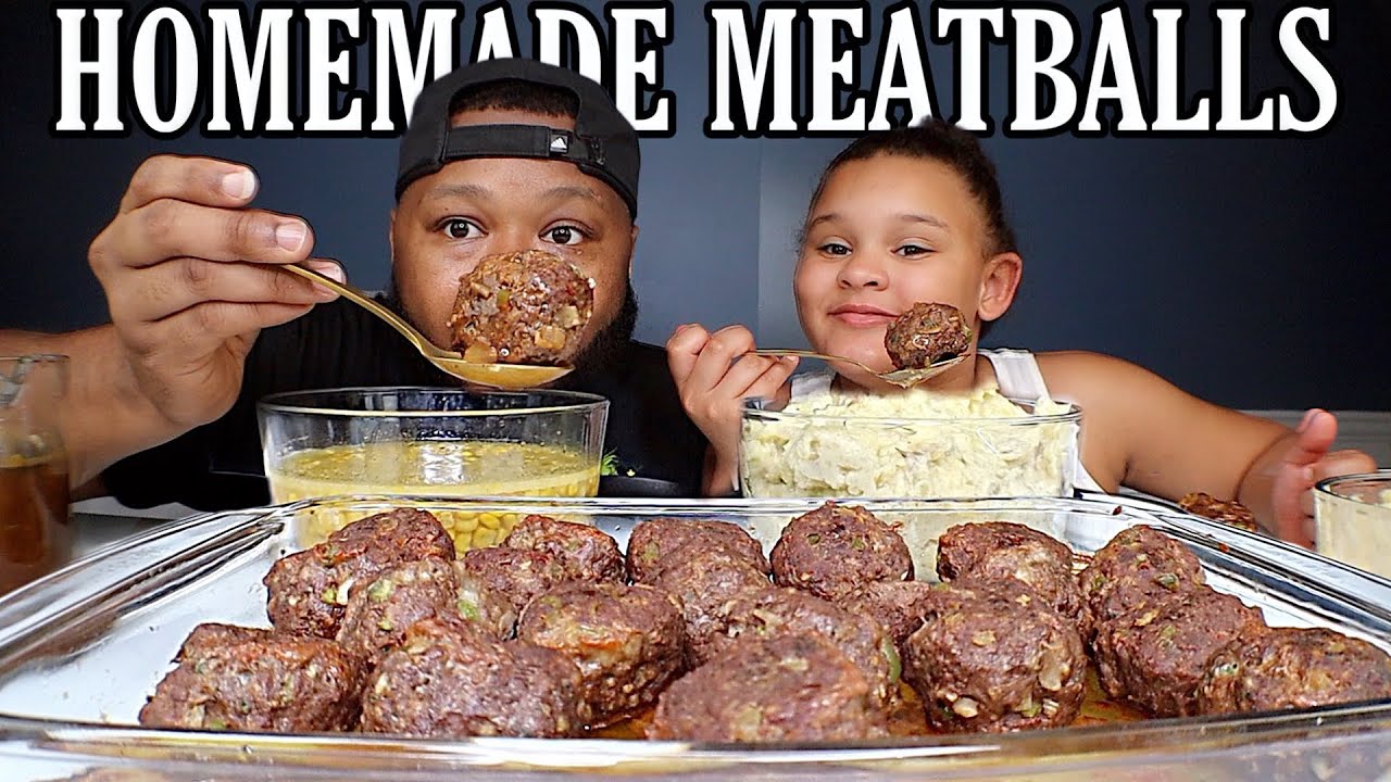 Homemade Meatballs Corn and Mashed Potatoes Mukbang | Flavasbydamedash