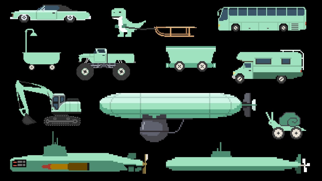 Seafoam Vehicles: Monster Truck, Submarine & T-Rex & More | Pixel Art