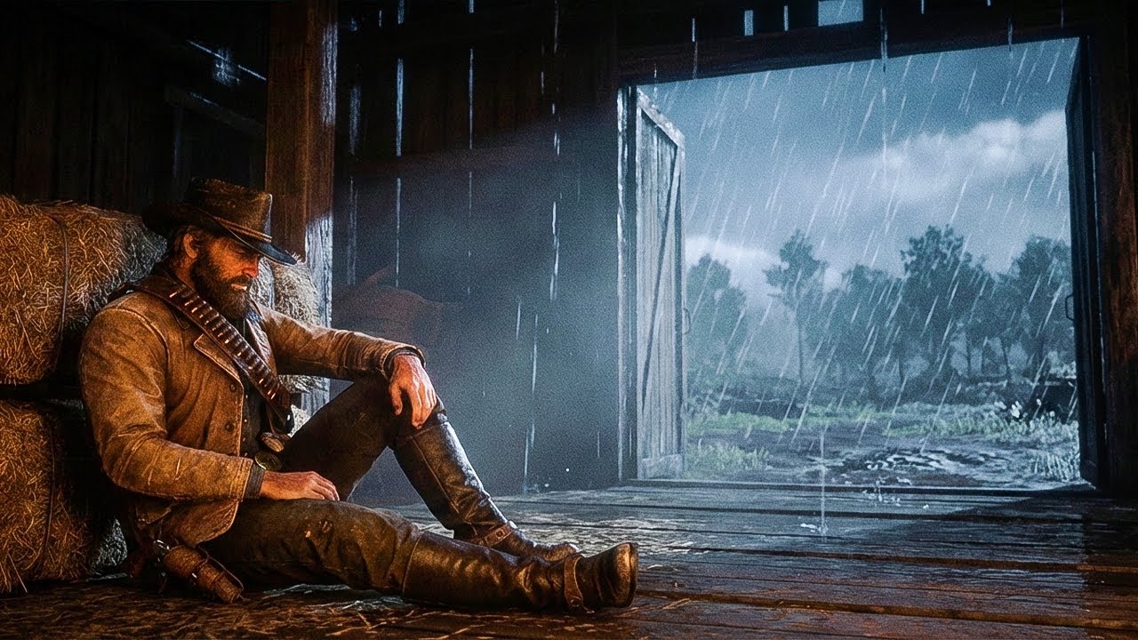 Arthur's Lonely Barn Night Shelter During Heavy Thunderstorm Outside | RDR2 ASMR