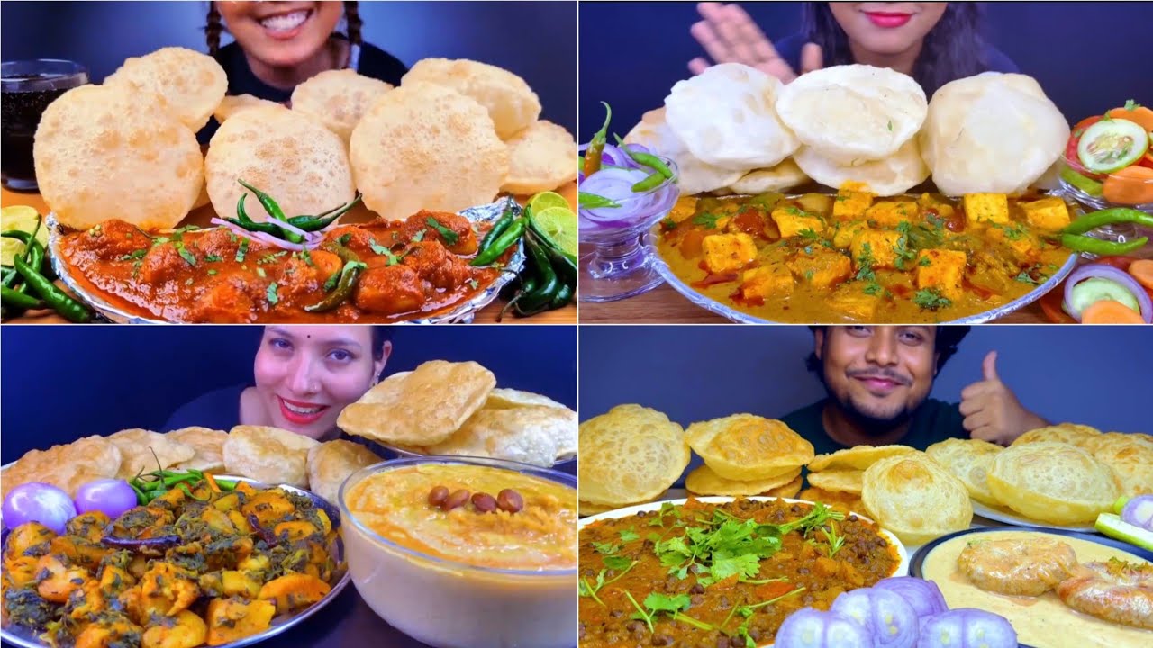 Asmr Eating Soft Puri (লুচি)with 🔥Dam Aloo Palak Aloo Kumro Aloo 🌶Paneer Aloo ki Sobji Kheer 😋 