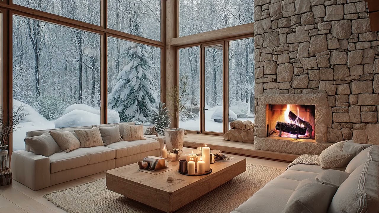 Winter Cabin Ambience with Crackling Fireplace & Snowstorm Sounds for Deep Sleep & Relaxation