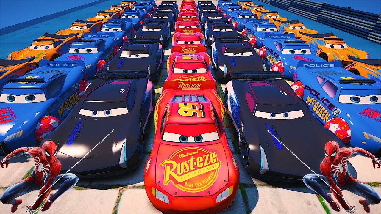 GTA 5 SPIDERMAN Cars Challenge Lightning & Monster McQueen Jackson Storm Miss Fritter & Friends Cars