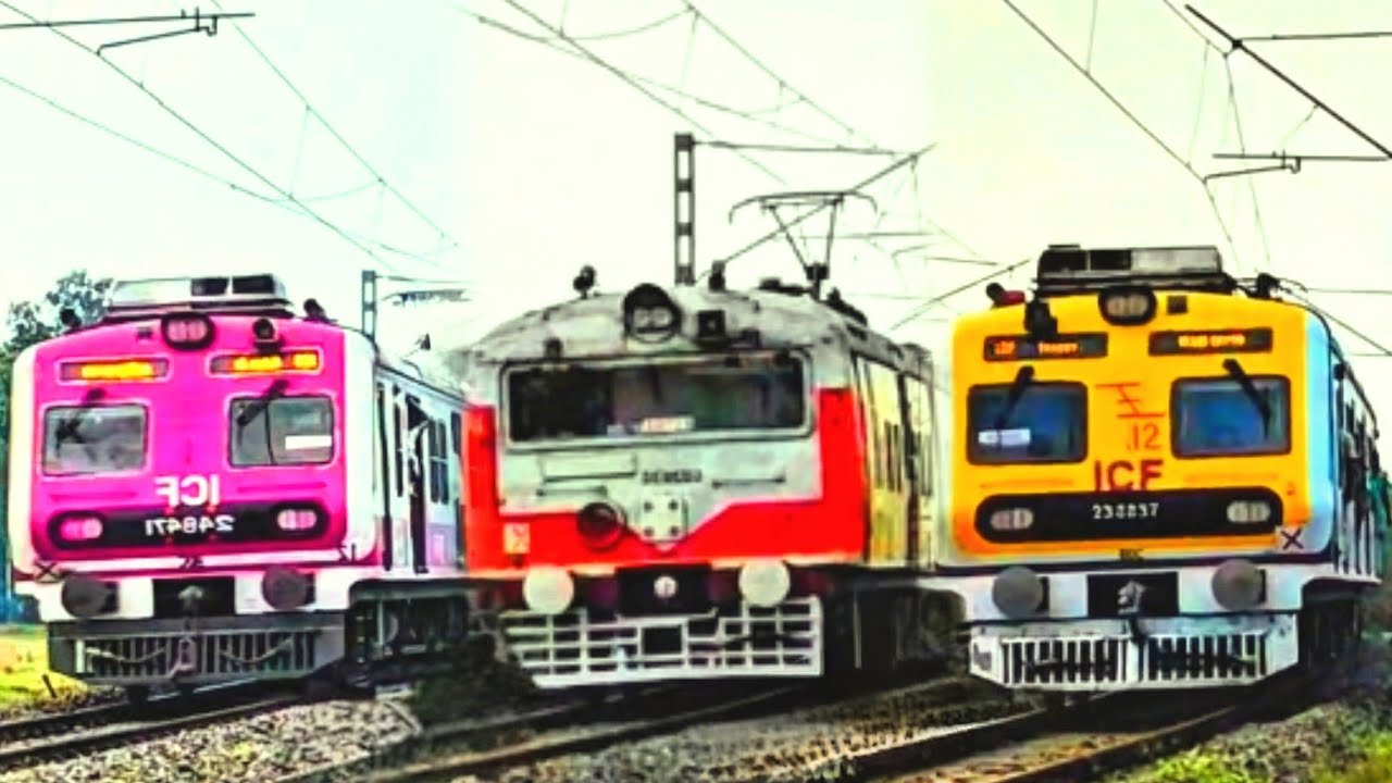 Different types of local train । EMU + ICF + VAJRO( pink + yellow + orenge ) in 90° Blind Curve ।