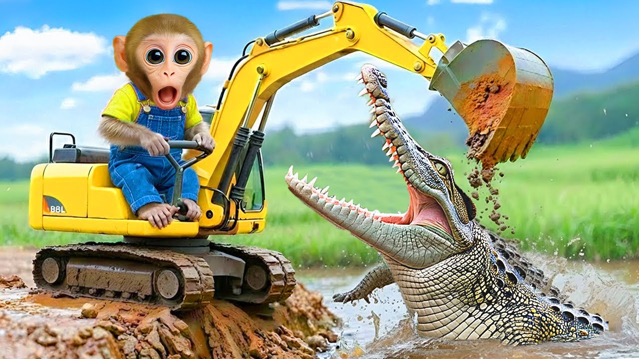 Monkey Bin Digs a Water Channel to Save His banana Farm… But a Ferocious Crocodile Jumps Out