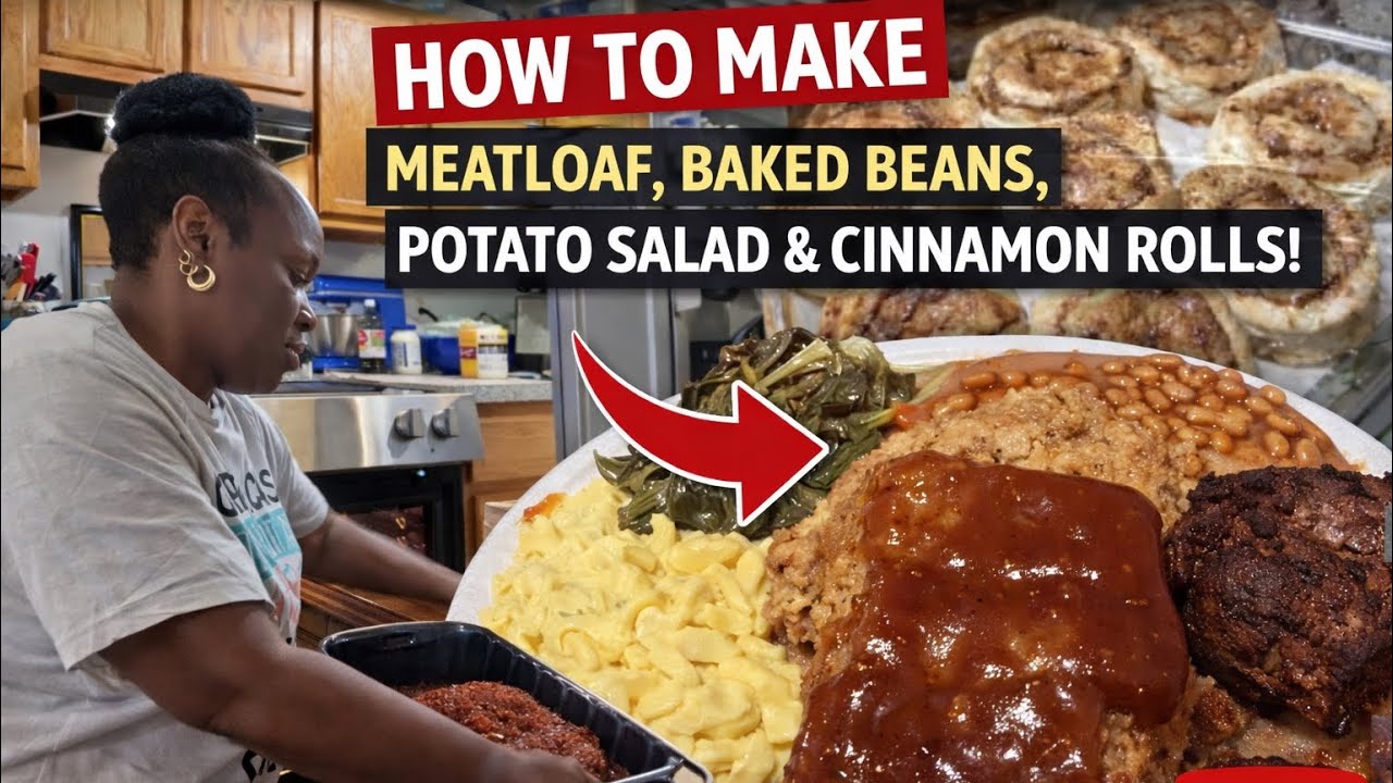 Meat loaf, Baked Beans, Potato Salad & Cinnamon Rolls 
