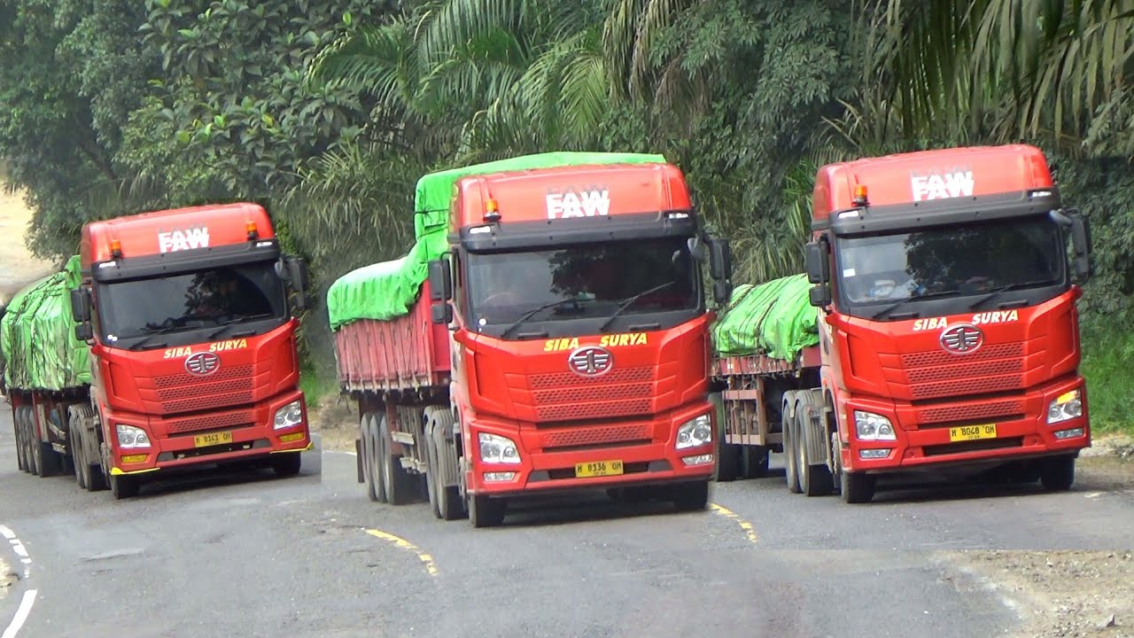PASUKAN TRUK TRAILER FAW JH6 MUATAN BESI DI TANJAKAN EXTREM 