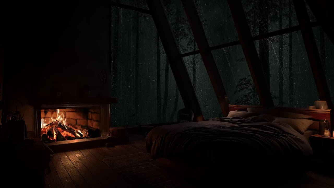 Inside a secluded cabin deep in the forest while steady rain moves softly through the trees outside