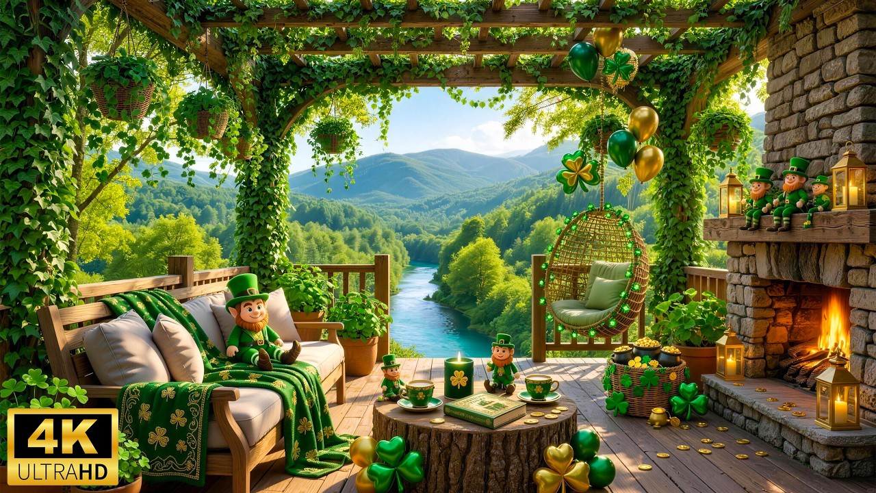 St. Patrick's Day Ambience ☘️ Cozy Spring with Soft Piano Music & Warm Fireplace for Relaxation