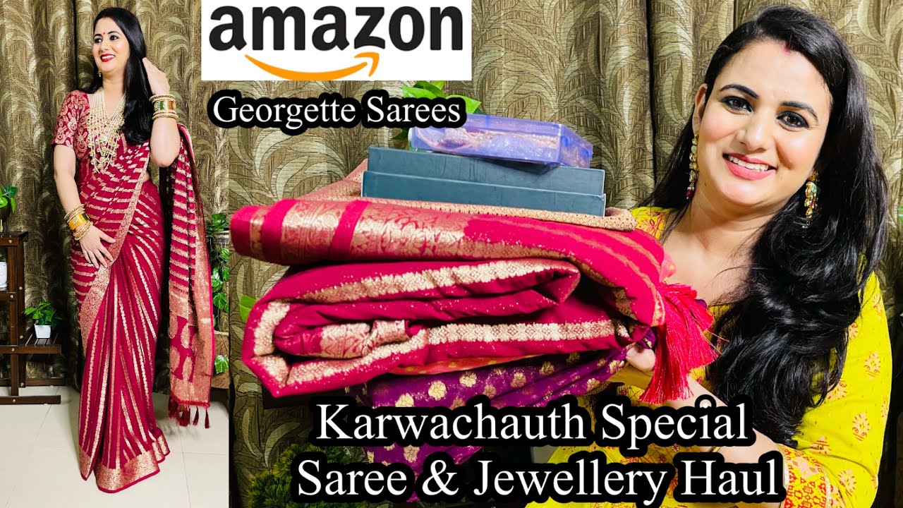 Karwachauth Special Amazon Saree & Jewellery Haul, Georgette, Kanjeevaram Saree, Chooda, Necklace