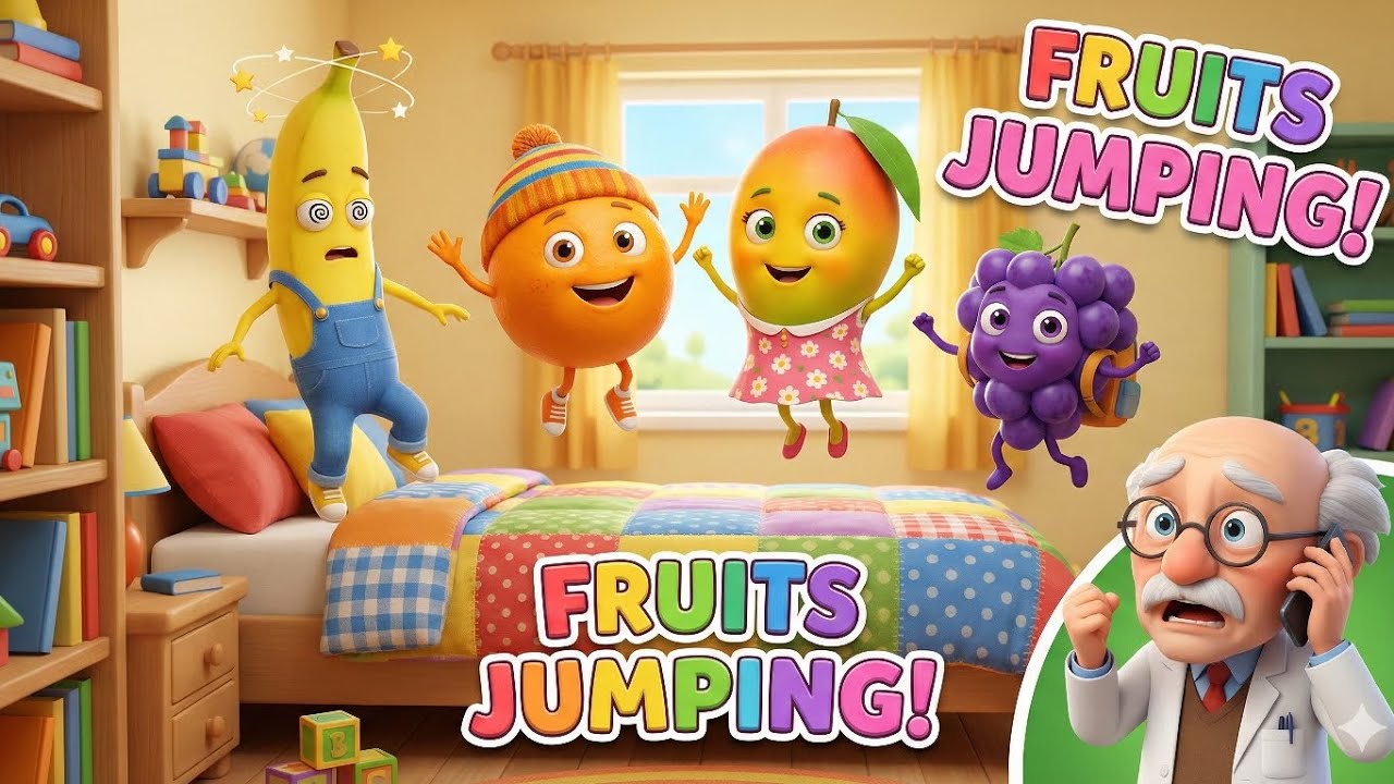 Five Cute Fruits Jumping on the Bed 🍎🍌 | Fun & Sleepy Nursery Rhyme for Kids | Baby Songs
