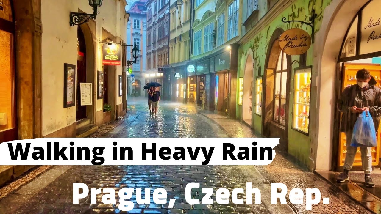 Walking in Heavy rain, Prague, Czech Republic - Rain Ambience 4K