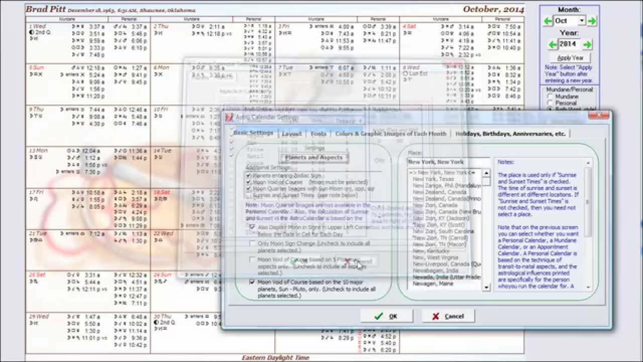 Sirius astrology software: AstoCalendar feature