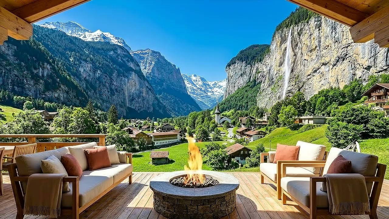 Swiss Alps Fireplace Ambience 🏔️ | Lauterbrunnen Valley | Peaceful Piano Jazz & Crackling Fire