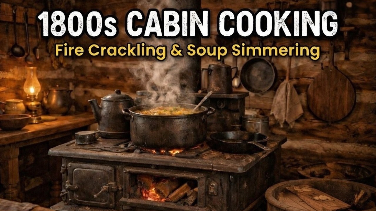 1800s Cabin Cookstove 🔥 Crackling Fire & Soup Simmering | Cozy Rustic Kitchen Ambience