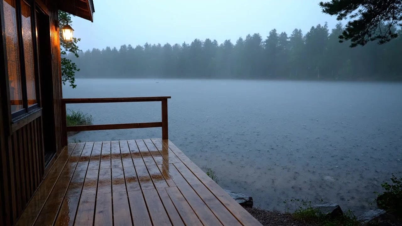 Rain Sounds ASMR - a Cozy Wooden Cabin Beside a Lake -  1 Hour Loop for Sleep & Deep Relaxation
