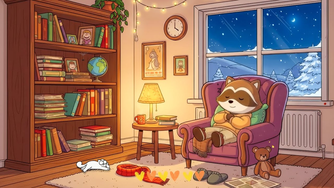 Raccoon's Sleepy Winter Night ❄️☕ | Soft Lofi Beats, Snowy Night & Cozy Lights | Relax & Focus ✨