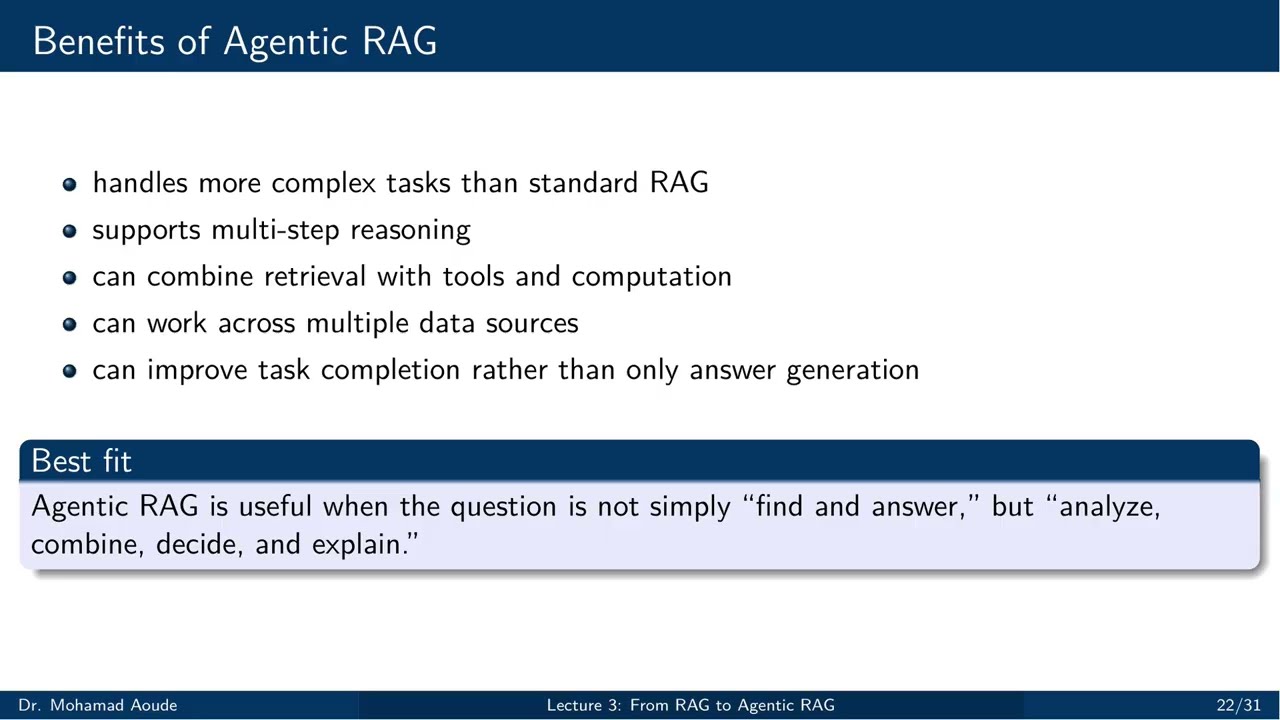 Lecture Three part 02 From RAG to Agentic RAG / Retrieval Systems Evolve into Decision-Capable AI