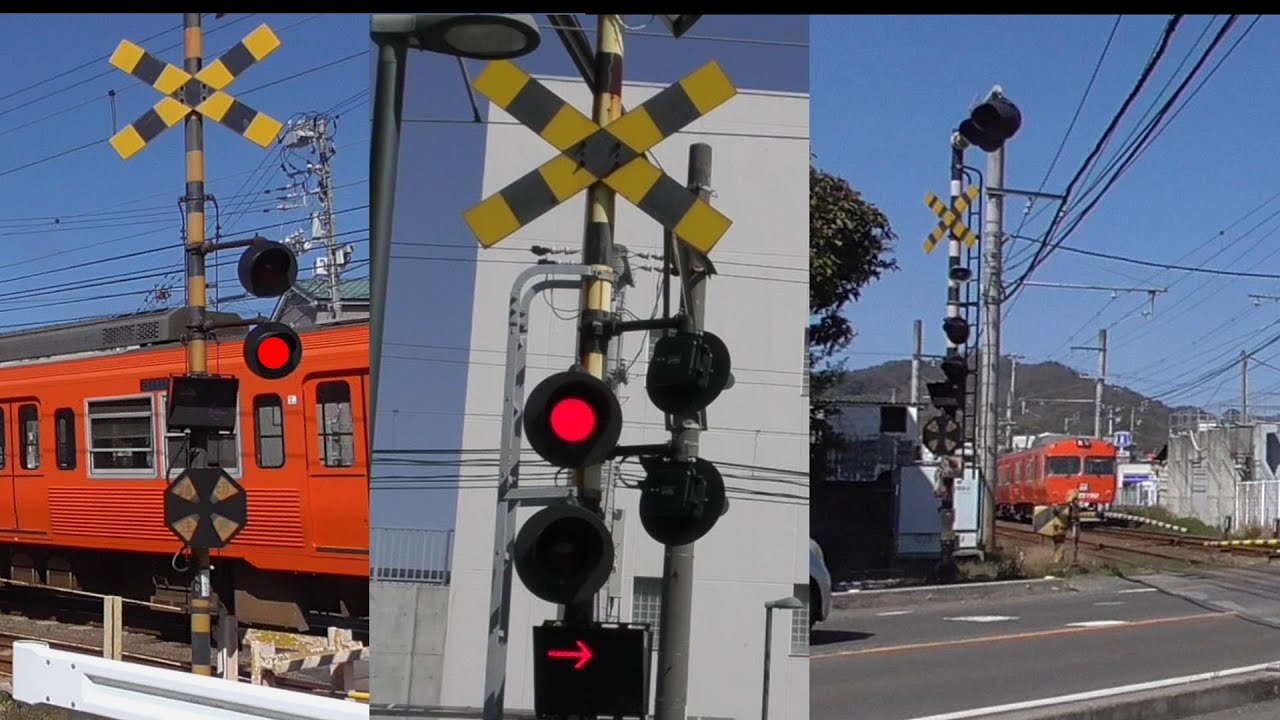 ★カンカン★【踏切】伊予鉄道・高浜線　三津駅付近の踏切とオレンジ色の電車　愛媛県松山市