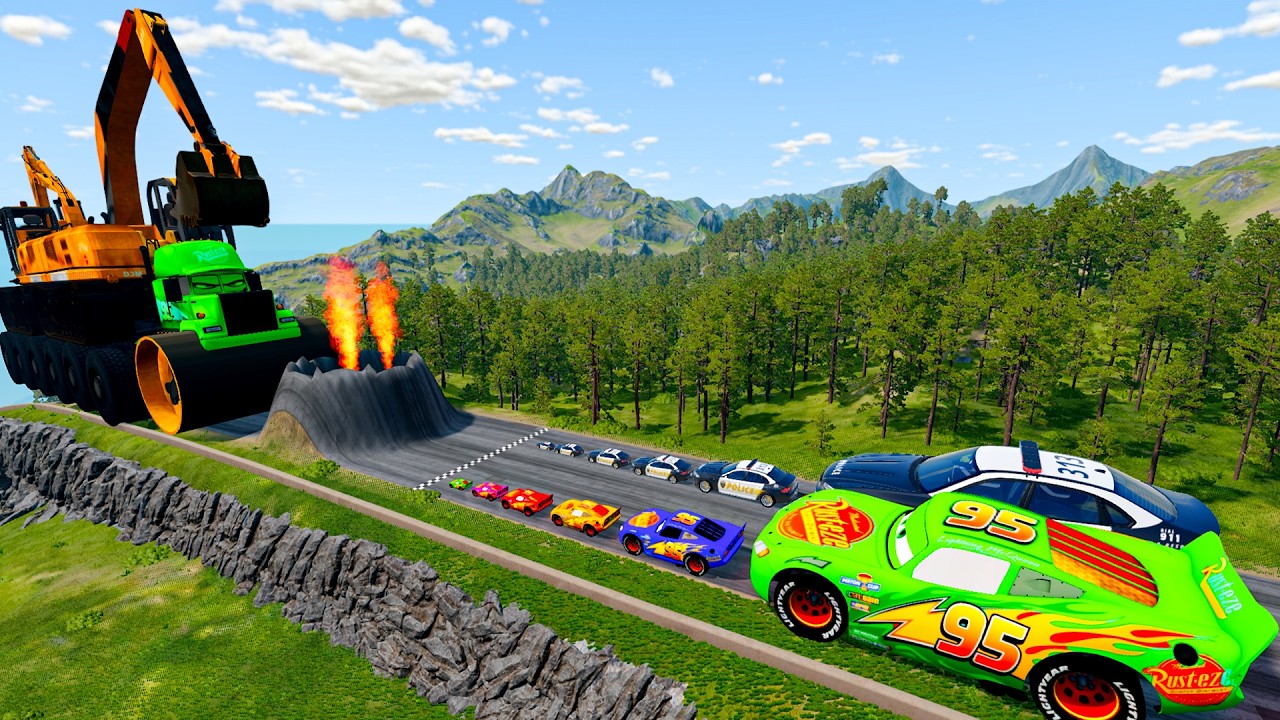 Giant CRUSHER DOZER Mack Truck Eater VS Cars Lightning McQueen & Police Car & spikes Beamng.Drive