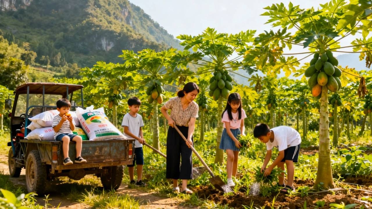 【一家七口隐居深山】妈妈带五个孩子去木瓜地拔草，给木瓜施肥，过完年就可以采收啦！#农村生活#vlog