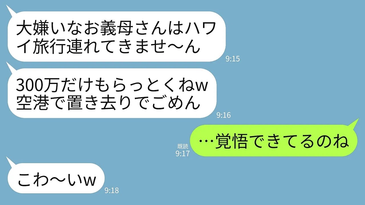 【LINE】ハワイ旅行当日、私から300万奪って空港に置き去りで嫁両親だけ連れていく息子夫婦「あんたは金だけ出して帰れw」→予約を全キャンセルした上で被害届提出した結果www