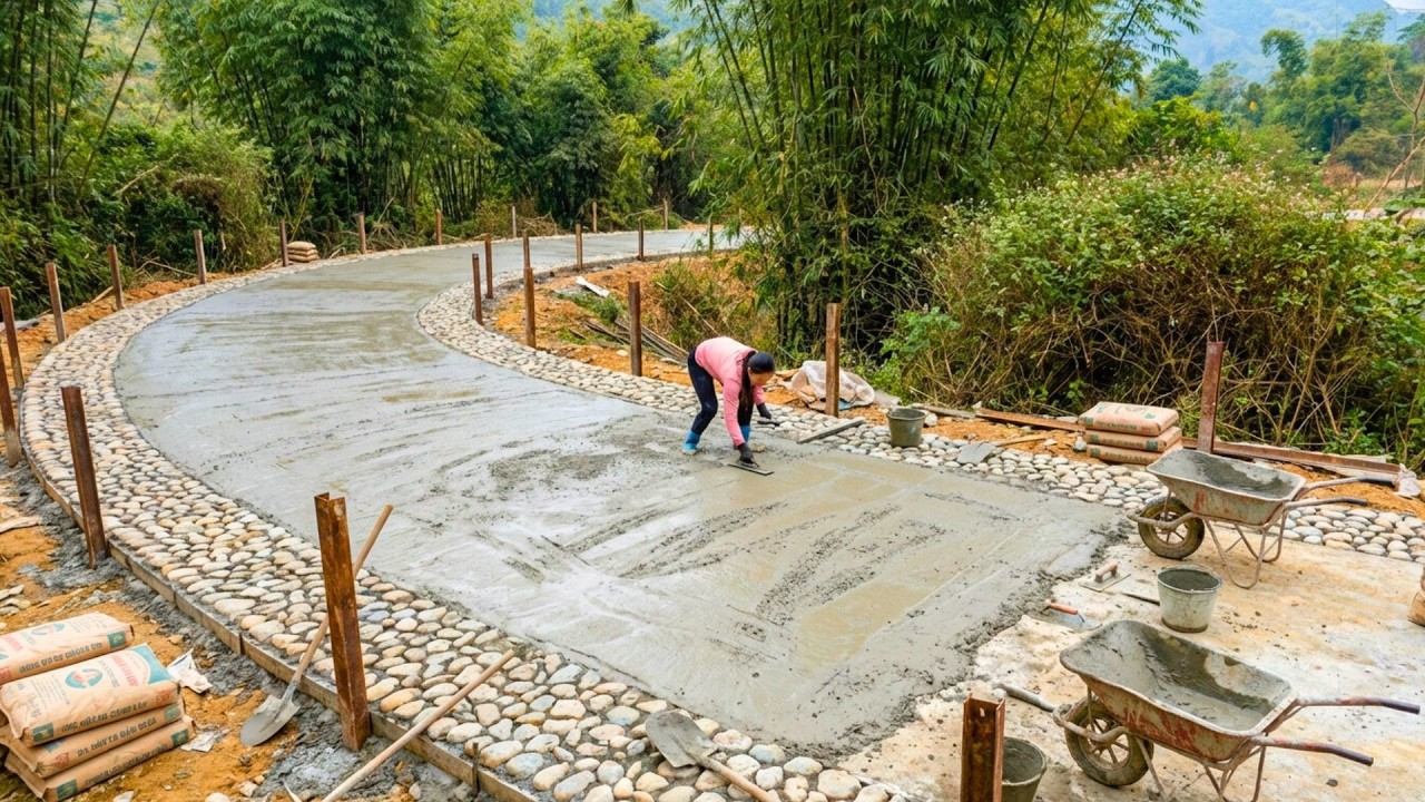 TIMELAPSE : A Talented Girl Building A 50 Meter Winding Concrete Road Leading Into The Farm