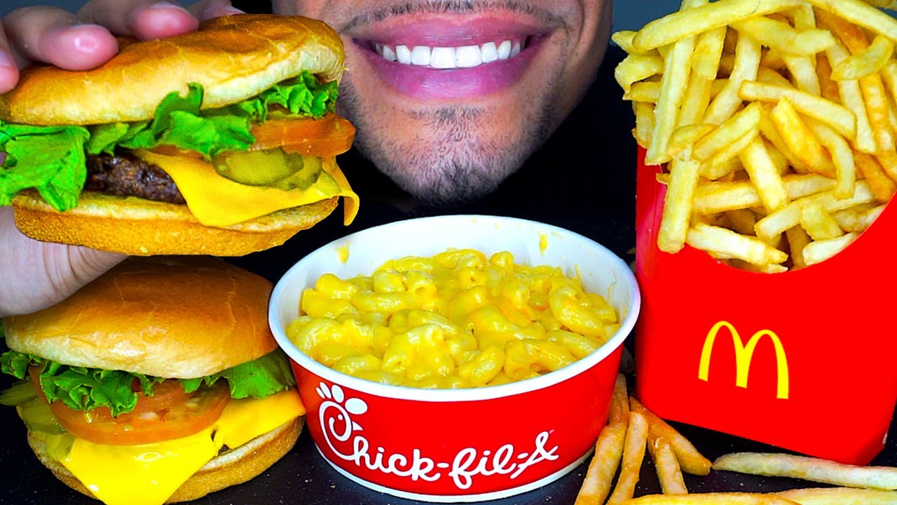 ASMR MCDONALDS MAC N CHEESE CHICK FIL A CHEESEBURGER FRIES STIRRING EATING SOUNDS BIG BITES JERRY