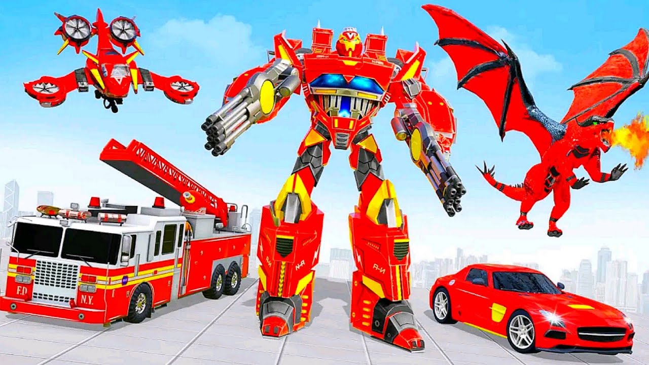 Red Fire Truck Robot Transform Car Wars in Robot