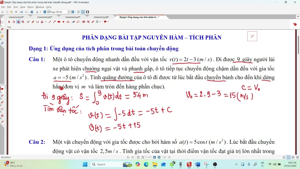 Ứng dụng của tích phân trong bài toán chuyển động - Trả lời ngắn