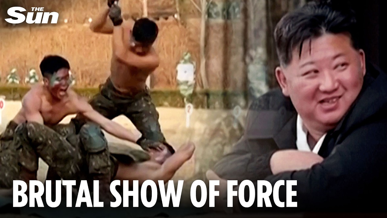 North Korean soldiers smash bricks as grinning Kim Jong-un watches on