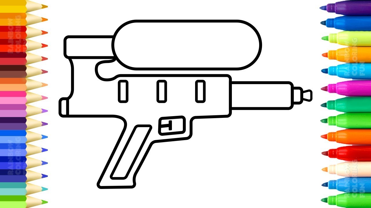 Water Gun Coloring Pages and Drawing for Kids - Learn Colors with Colored Markers for Baby