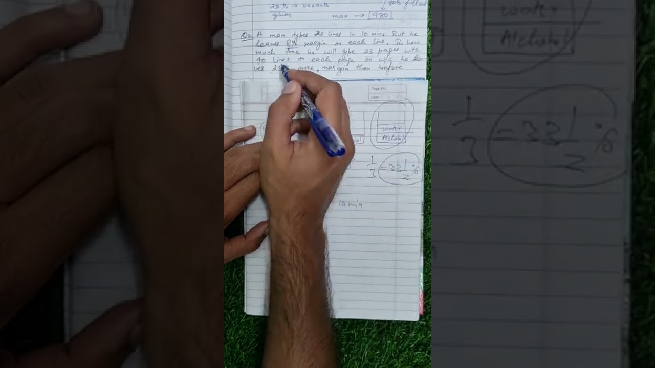 A computer typist types a page with 20 lines in 10 minutes but he leaves 8% margin on the left ...
