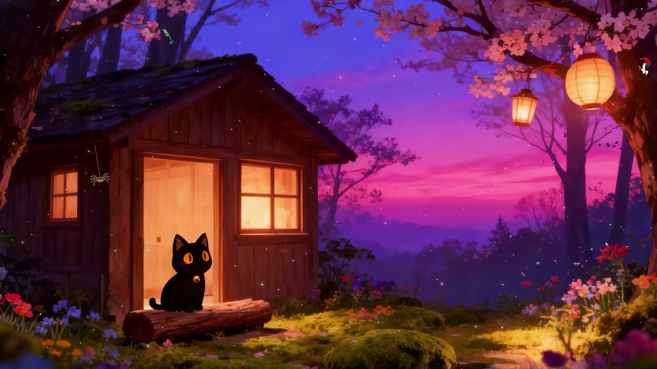 Spring Twilight with a Black Cat 🌸🌌 Chill & Dreamy Lofi [Cozy Cabin Glow]