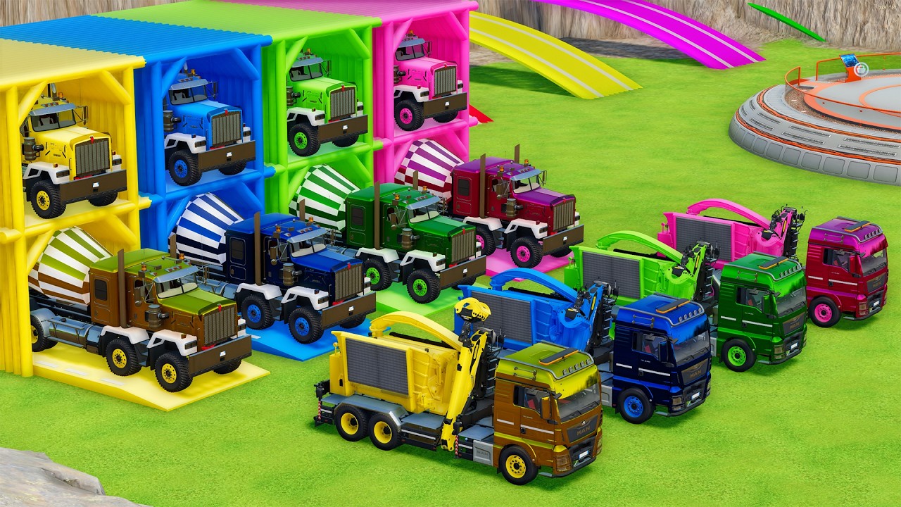 Garage with Colors - ALL MIXER TRUCK WITH DOUBLE FLATBED TRAILER TRUCK, KENWORTH, MAN - FS22