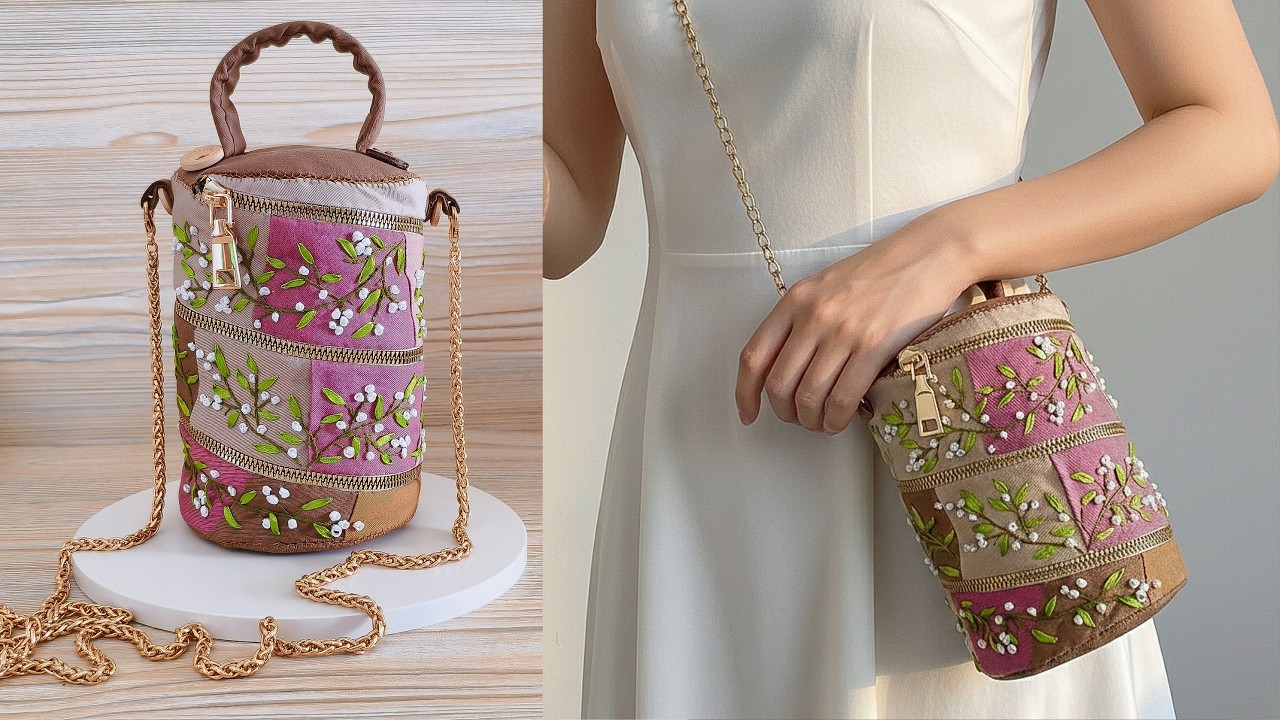 Transforming Fabric Scraps into a Beautiful Embroidered Cylinder Pouch | 95% Hand-Sewn